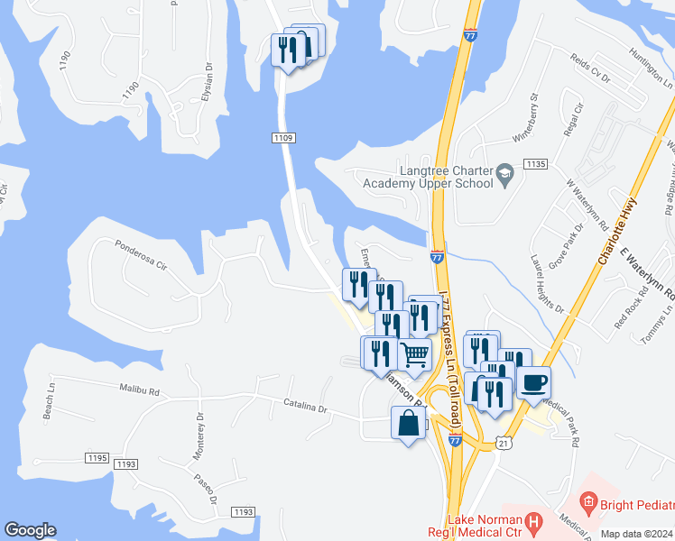 map of restaurants, bars, coffee shops, grocery stores, and more near 108 Pier 33 Drive in Mooresville