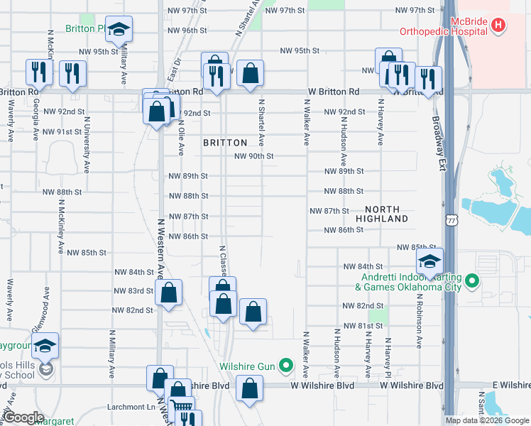 map of restaurants, bars, coffee shops, grocery stores, and more near 704 Northwest 87th Street in Oklahoma City