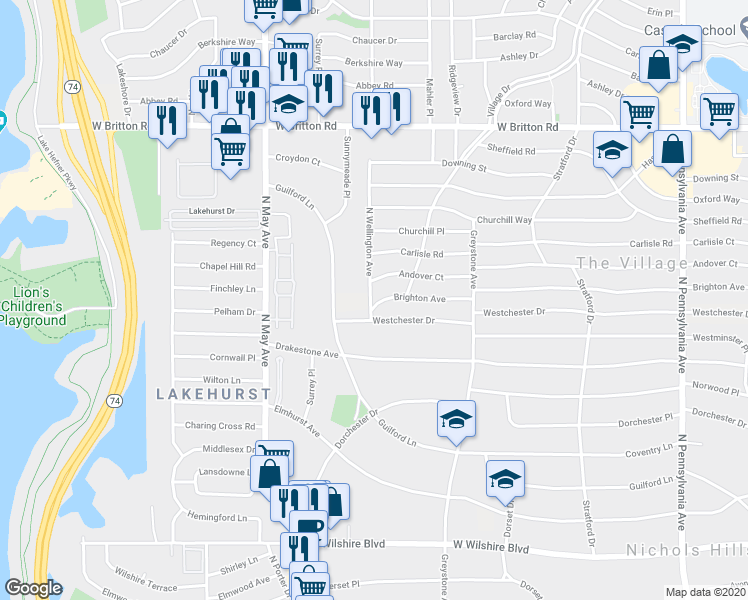 map of restaurants, bars, coffee shops, grocery stores, and more near 2305 Westchester Drive in The Village
