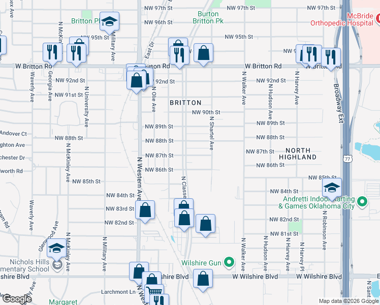 map of restaurants, bars, coffee shops, grocery stores, and more near 741 Northwest 87th Street in Oklahoma City