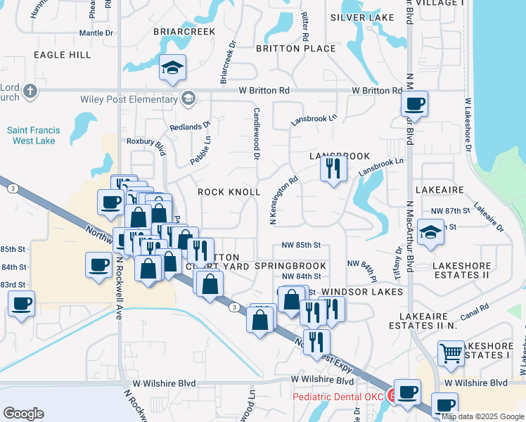 map of restaurants, bars, coffee shops, grocery stores, and more near 6425 West Kensington Road in Oklahoma City