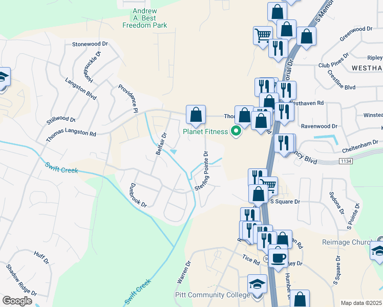 map of restaurants, bars, coffee shops, grocery stores, and more near 3826 Sterling Pointe Drive in Winterville