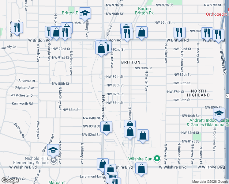 map of restaurants, bars, coffee shops, grocery stores, and more near 906 Northwest 87th Street in Oklahoma City