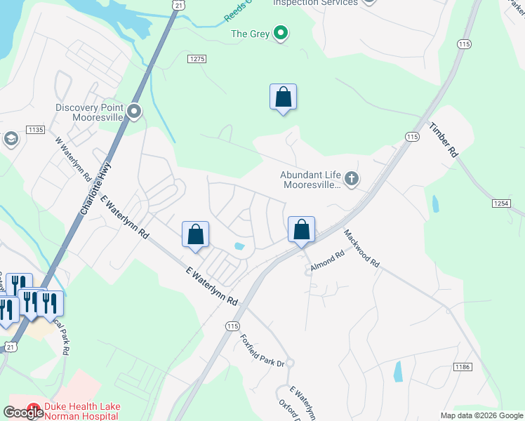 map of restaurants, bars, coffee shops, grocery stores, and more near 114 Sand Spur Drive in Mooresville