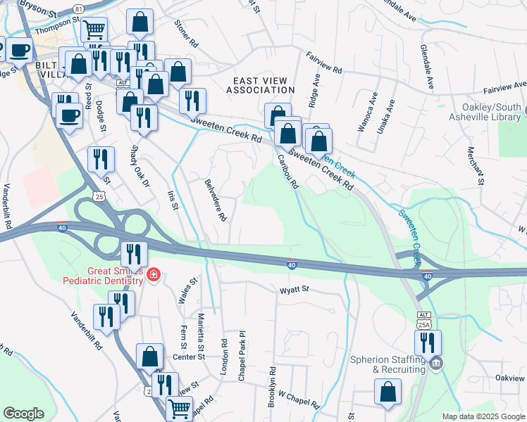 map of restaurants, bars, coffee shops, grocery stores, and more near 104 Brooklyn Road in Asheville