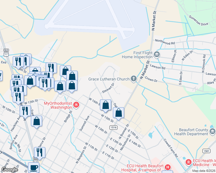 map of restaurants, bars, coffee shops, grocery stores, and more near 211 Oak Drive in Washington