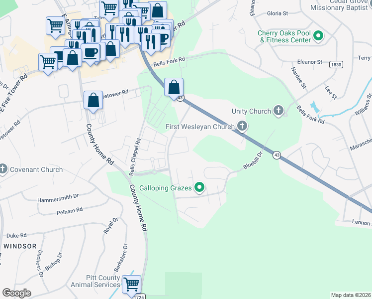 map of restaurants, bars, coffee shops, grocery stores, and more near 2412 Chavis Drive in Greenville