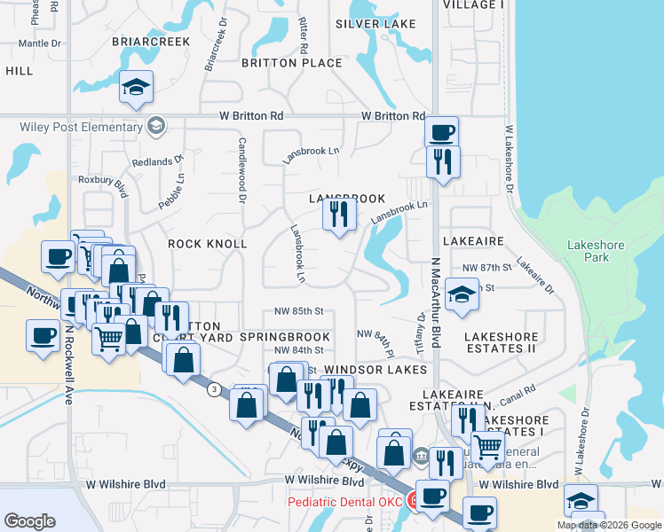 map of restaurants, bars, coffee shops, grocery stores, and more near 6201 Lansbrook Lane in Oklahoma City