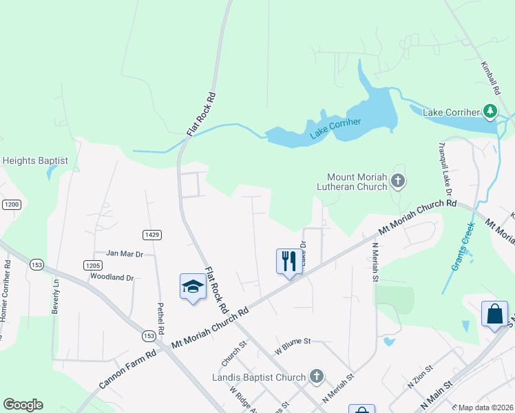 map of restaurants, bars, coffee shops, grocery stores, and more near 1260 Partee Drive in China Grove