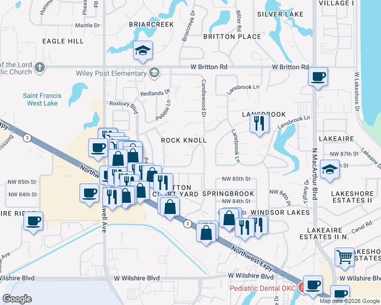 map of restaurants, bars, coffee shops, grocery stores, and more near 8701 Candlewood Drive in Oklahoma City