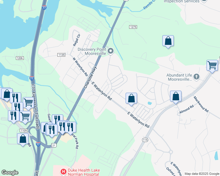 map of restaurants, bars, coffee shops, grocery stores, and more near 107 Leyton Loop in Mooresville