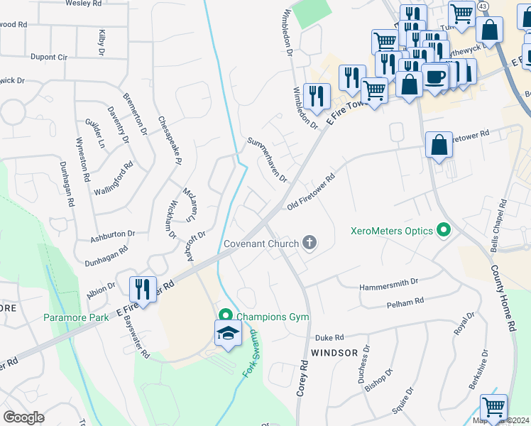 map of restaurants, bars, coffee shops, grocery stores, and more near 1216 East Fire Tower Road in Greenville