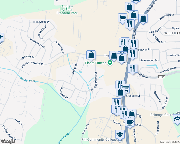 map of restaurants, bars, coffee shops, grocery stores, and more near 3800 Sterling Pointe Drive in Winterville