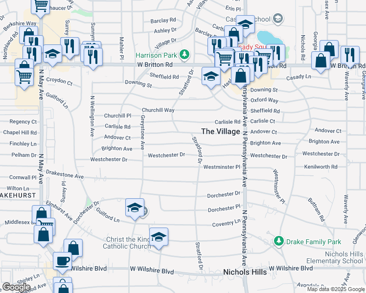 map of restaurants, bars, coffee shops, grocery stores, and more near 1800 Andover Court in The Village