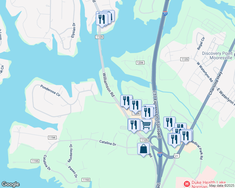 map of restaurants, bars, coffee shops, grocery stores, and more near 104 Pier 33 Drive in Mooresville