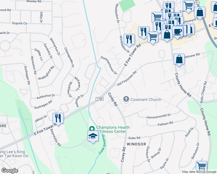 map of restaurants, bars, coffee shops, grocery stores, and more near 1223 East Fire Tower Road in Greenville