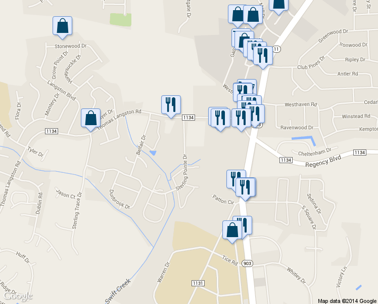 map of restaurants, bars, coffee shops, grocery stores, and more near 3801 Sterling Pointe Drive in Winterville