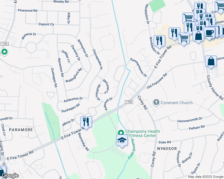 map of restaurants, bars, coffee shops, grocery stores, and more near 2109 Ashgate Court in Winterville
