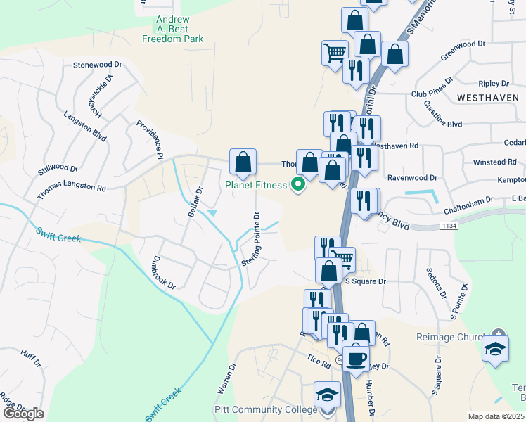 map of restaurants, bars, coffee shops, grocery stores, and more near 3801 Sterling Pointe Drive in Winterville