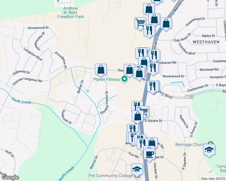 map of restaurants, bars, coffee shops, grocery stores, and more near 3805 Sterling Pointe Drive in Winterville