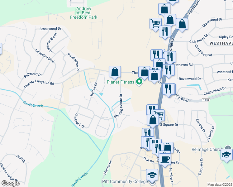 map of restaurants, bars, coffee shops, grocery stores, and more near 3802 Sterling Pointe Drive in Winterville