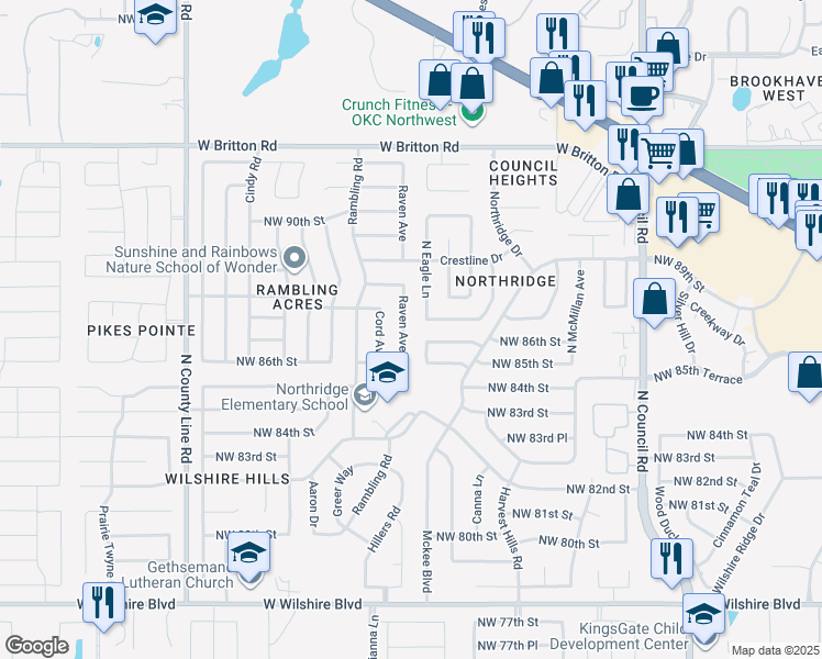 map of restaurants, bars, coffee shops, grocery stores, and more near 8909 North Eagle Lane in Oklahoma City