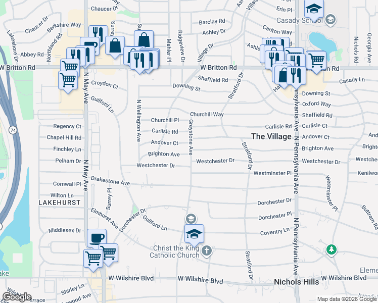 map of restaurants, bars, coffee shops, grocery stores, and more near 2101 Andover Court in The Village