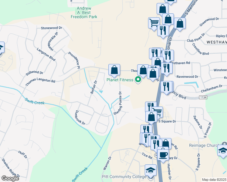 map of restaurants, bars, coffee shops, grocery stores, and more near 3806 Sterling Pointe Drive in Winterville