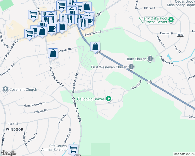 map of restaurants, bars, coffee shops, grocery stores, and more near 4108 Kittrell Farms Drive in Greenville
