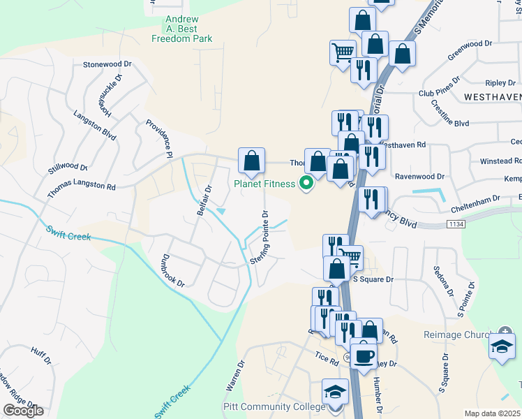 map of restaurants, bars, coffee shops, grocery stores, and more near 3802 Sterling Pointe Drive in Winterville