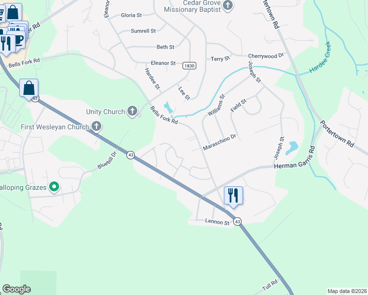 map of restaurants, bars, coffee shops, grocery stores, and more near 2810 Bells Fork Road in Greenville