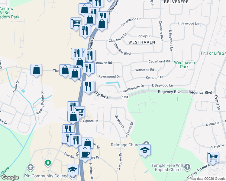 map of restaurants, bars, coffee shops, grocery stores, and more near 3624 Thornbrook Drive in Greenville