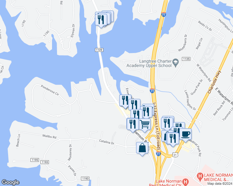 map of restaurants, bars, coffee shops, grocery stores, and more near 104 Pier 33 Drive in Mooresville