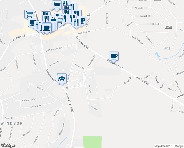 map of restaurants, bars, coffee shops, grocery stores, and more near 4100 Kittrell Farms Drive in Greenville