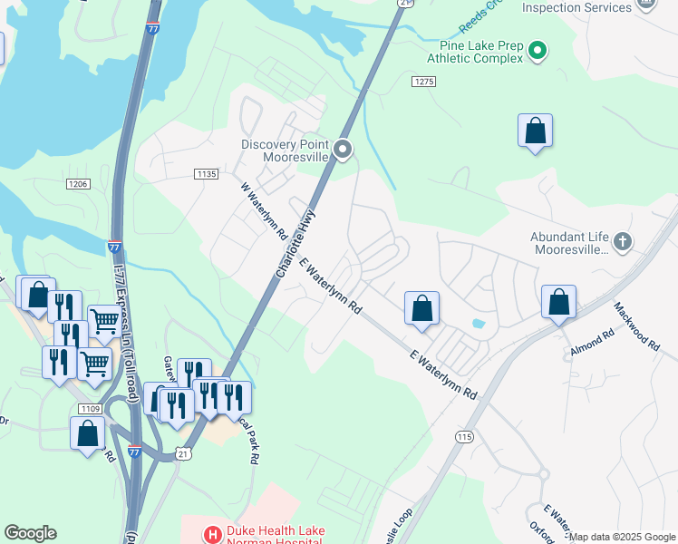 map of restaurants, bars, coffee shops, grocery stores, and more near 123 East Waterlynn Road in Mooresville