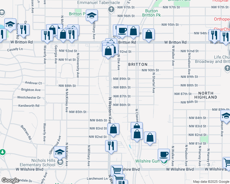 map of restaurants, bars, coffee shops, grocery stores, and more near 920 Northwest 88th Street in Oklahoma City