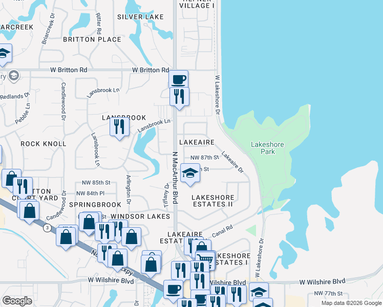 map of restaurants, bars, coffee shops, grocery stores, and more near 8901 North Macarthur Terrace in Oklahoma City