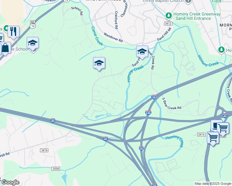 map of restaurants, bars, coffee shops, grocery stores, and more near 688 Sand Hill Road in Asheville