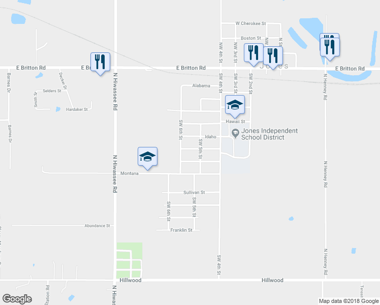 map of restaurants, bars, coffee shops, grocery stores, and more near 614 West Kansas Street in Jones