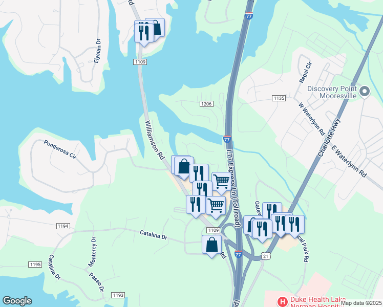 map of restaurants, bars, coffee shops, grocery stores, and more near 125 Emerald Drive in Mooresville