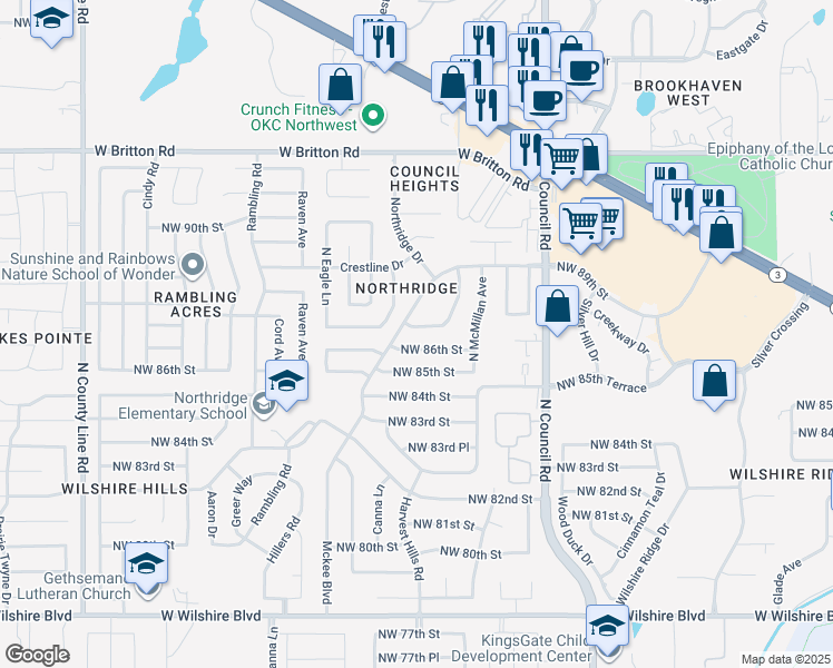 map of restaurants, bars, coffee shops, grocery stores, and more near 8209 Northwest 87th Street in Oklahoma City