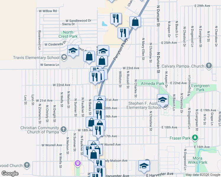 map of restaurants, bars, coffee shops, grocery stores, and more near 400-498 West 22nd Avenue in Pampa