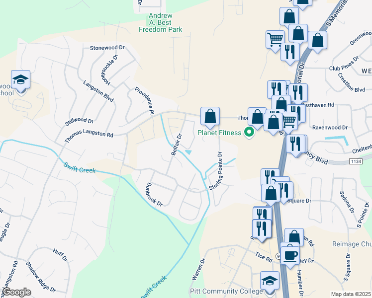 map of restaurants, bars, coffee shops, grocery stores, and more near 3817 East Vancroft Circle in Winterville