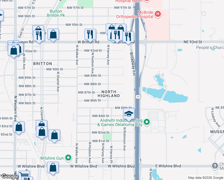 map of restaurants, bars, coffee shops, grocery stores, and more near 300 Northwest 88th Street in Oklahoma City