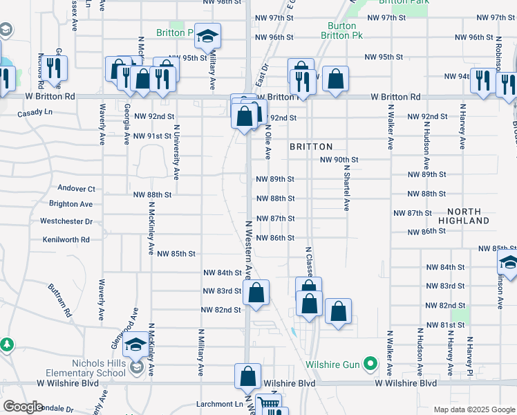 map of restaurants, bars, coffee shops, grocery stores, and more near 920 Northwest 88th Street in Oklahoma City