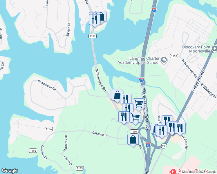 map of restaurants, bars, coffee shops, grocery stores, and more near 104 Pier 33 Drive in Mooresville