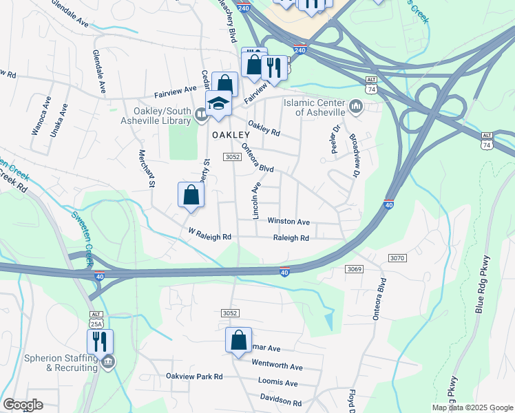 map of restaurants, bars, coffee shops, grocery stores, and more near 3 Concord Place in Asheville