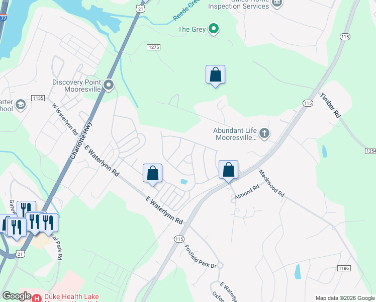 map of restaurants, bars, coffee shops, grocery stores, and more near 125 Four Seasons Way in Mooresville