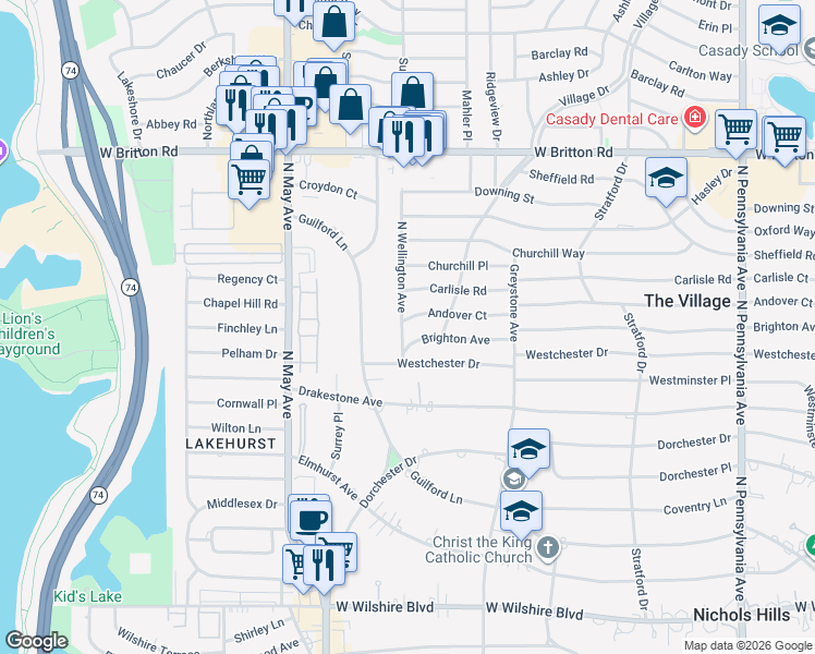map of restaurants, bars, coffee shops, grocery stores, and more near 2232 Andover Court in Oklahoma City