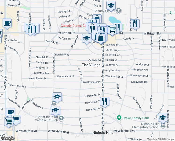 map of restaurants, bars, coffee shops, grocery stores, and more near 1732 Andover Court in The Village